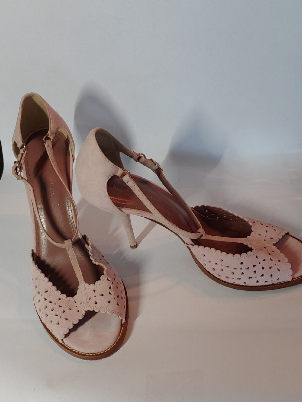 Tabitha Simmons Pale Pink Suede Scalloped T-Strap Heels
